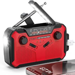 Prunus J-369 11100MWH راديو طوارئ طوارئ ، بطاريات AA/Hand Crank/Solar/USB ، NOAA/AM/FM ، مصباح LED ومصباح القراءة ، SOS Alarm & Flashlight