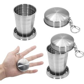 CONSIO Stainless Steel Collapsible Cup, 2 Pieces Fold-able Collapsible Shot Glasses with Lids 2.5 Oz (75ml) Travel & Camping Cups with Keychain