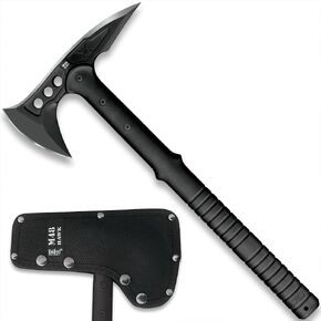 M48 Tactical Tomahawk Military Axe - Black Color | 3 ⅞" Cast Stainless Steel Combat Axe with Piercing Spike | Nylon Cord Wrapped Fiberglass Handle | Camping and Tactical Gear | 15" Length