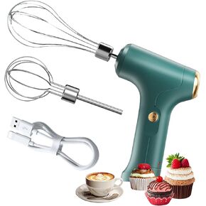 Electric Hand Mixer Mini Turbo Mixer Electric Handheld, Cordless Hand Mixer, Cordless Kitchen Blender with 2 Stainless Steel Accessories for Cookies, Brownie, Whipping, Cakes, Dough Batters, Green