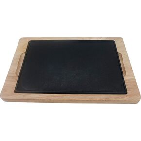 Teppanyaki Plate,Large Cast Iron Steak Plate,Griddle with Wooden Base, Steak Pan Grill Server Plate, Household Use or Restaurant Supply-A||28 * 18cm