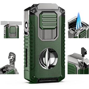 5-in-1 Torch Lighter with Cutter, Punch, Holder, and Draw Enhancer Tool, Triple Windproof Flame, All-in-one Lighter with Multi-Functional Accessory, Refillable Butane Lighter with Gift Box for Men
