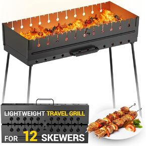 MHH Charcoal Grill for 8 Skewers - Portable Barbecue 16.9""×11.8""×16.9"" Kabob Camp Grills - Foldable Metal Mangal - Kebab Shish - BBQ for EDC Picnic Outdoor Cooking Camping Hiking