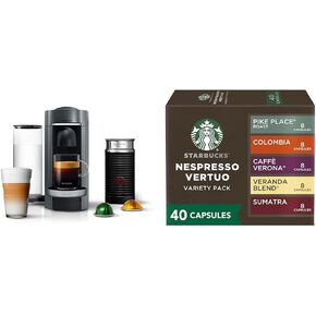 Nespresso Vertuo Plus Deluxe Coffee and Espresso Maker by De'Longhi, Titan with Aeroccino Milk Frother + Starbucks Capsules, Vertuo Line