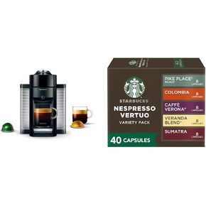 Nespresso Vertuo Coffee and Espresso Maker by De'Longhi, Piano Black + Starbucks Capsules, Vertuo Line