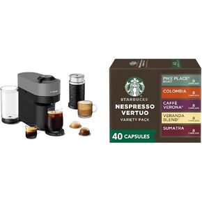 Nespresso Vertuo Pop+ Deluxe Coffee and Espresso Maker by Breville with Milk Frother, Dark Grey + Starbucks Capsules, Vertuo Line