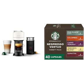 Nespresso Vertuo Next Coffee and Espresso Maker by De'Longhi with Aeroccino Milk Frother, White + Starbucks Capsules, Vertuo Line