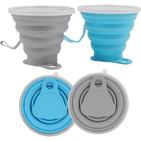 2 Pack Silicone Collapsible Travel Cup with Lids, Portable Folding Camping Cup Sets for Camping Hiking Outdoors Travel, Grey & Blue