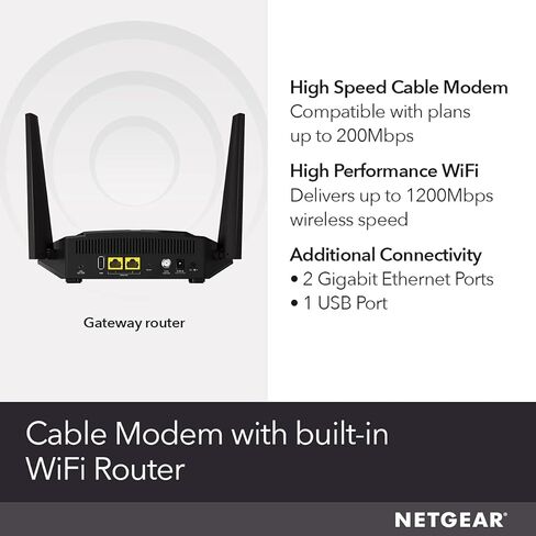 NetGear Cable Modem WiFi Router Combo C6220 - متوافق مع جميع مزودي الكابلات بما في ذلك Xfinity بواسطة Comcast ، Spectrum ، Cox | لخطط الكابل تصل إلى 200 ميغابت في الثانية | AC1200 واي فاي سرعة | Docsis 3.0 in Saudi Arabia