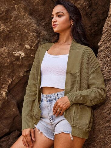 SENSERISE Womens Cardigan Sweaters Cable Knit Sweater Open Front Long Sleeve Chunky Cardigan Outerwear Coats(Army Greenish Khaki,S) in Saudi Arabia