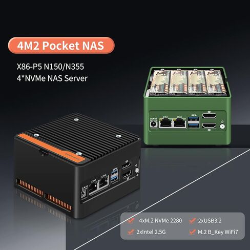 4 x NVMe Mini NAS Server, 4 Bay NAS N150 Pocket PC with Dual i226-V 2.5GbE LAN,Dual HDMI 2.0,USB3.2 Gen2,Support BT5.4/WiFi6/WiFi7 (Intel N150, NO RAM NO SSD) in Kuwait