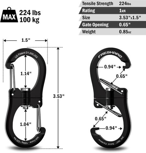Freskaro 1kn Clipengate Carabiner Clip ، تصميم حاصل على براءة اختراع ، تدور 360 قابل للانعكاس ، خطاف فائدة خفيف الوزن للمشي لمسافات طويلة ، التخييم ، صيد الأسماك ، أدوات الطيور ، سلسلة المفاتيح ، وليس للتسلق ، والألوان المتعددة in Kuwait
