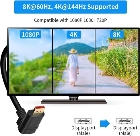 كابل Displayport بزاوية يمنى 1.4 كابل Displayport بزاوية يمنى، BolAAzuL كابل Displayport بزاوية 90 درجة V1.4 6FT/1.8M يصل إلى 8K/60 هرتز، 4K/144 هرتز مدعوم in Saudi Arabia