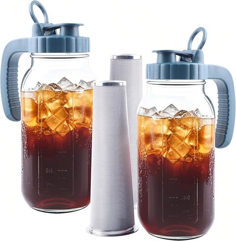 Mason Jar Pitcher With Stainless Steel Filter 64 OZ 2 Pack Wide Mouth Cold Brew Coffee Maker 2 Quart Glass water pitcher with lid Half Gallon Cold hot Tea maker For Lemonade Milk Juice Refrigerator in Kuwait
