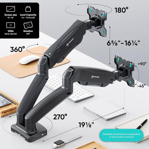 ONKRON Double Monitor Mount for Two 13-32 Inch Screens up to 17.6 lbs, Gas Spring Dual Monitor Arm Desk Mount VESA 75x75 / 100x100 - Dual Computer Monitor Mount for Desk Swivel Tilt Rotation White in Kuwait