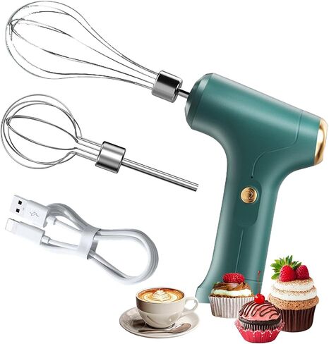 Electric Hand Mixer Mini Turbo Mixer Electric Handheld, Cordless Hand Mixer, Cordless Kitchen Blender with 2 Stainless Steel Accessories for Cookies, Brownie, Whipping, Cakes, Dough Batters, Green in Saudi Arabia