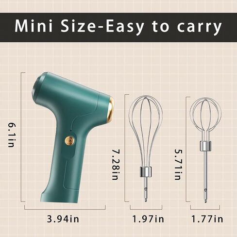 Electric Hand Mixer Mini Turbo Mixer Electric Handheld, Cordless Hand Mixer, Cordless Kitchen Blender with 2 Stainless Steel Accessories for Cookies, Brownie, Whipping, Cakes, Dough Batters, Green in Saudi Arabia