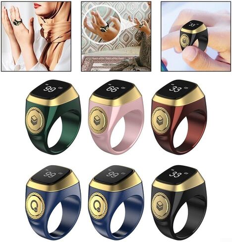 IQibla Smart Zikr Ring, Smart Ring Counter Waterproof Digital Counter & Vibration Reminder, Unisex Azan Alarm Clock Finger Counter for Muslims(22mm Black) in Kuwait