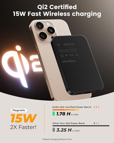 Solid-State Portable Charger for Mag-Safe, 0.39" Ultra Slim Qi2-Certified 15W Magnetic Wireless Power Bank, 5000mAh 20W Fast Charging Battery Pack for iPhone 16/15/14/13/12 Series-Black in Saudi Arabia