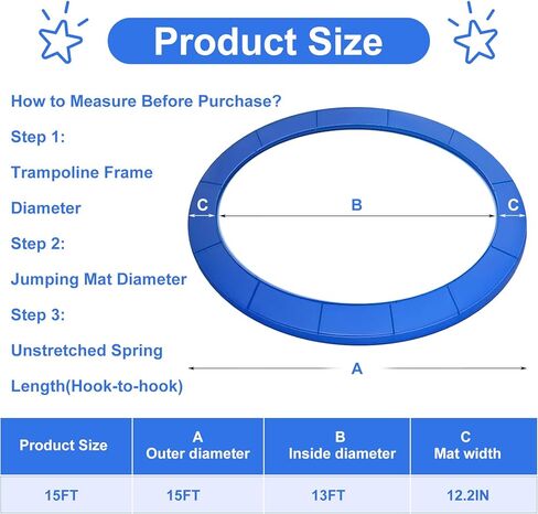 وسادة بديلة للترامبولين بطول 12 قدم، بسمك 0.4 بوصة، وسادة أمان عالمية للترامبولين، غطاء زنبركي للترامبولين مقاوم للماء باللون الأزرق، بدون فتحات للعمود in Kuwait