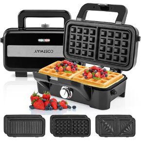 COSTWAY 1200W Waffle Maker with Removable Non-Stick Plates, Panini Grill Press with 5-Gear Temperature Control, 3-in-1 Sandwich Maker for Breakfast