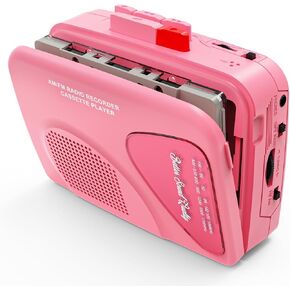 Portable Cassette Player Recorder with AM/FM Radio, Built-in Speaker & Headphone Jack, Belt Clip Included-Pink