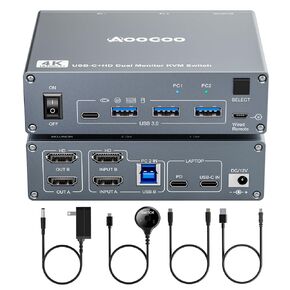 USB C KVM Switch 4K@60Hz ، Dual Monitor USB C HDMI KVM Switch لـ 1 PC و 1 جهاز كمبيوتر محمول شاشة 2 و 4 أجهزة USB3.0 ، PD طاقة للكمبيوتر المحمول مع تحكم عن بعد سلكي وكابلات USB متضمنة