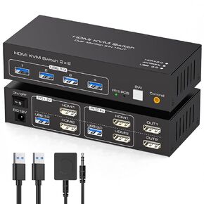 HDMI KVM Switch 2 Monitors 2 Computers 4K@120Hz USB 3.0 KVM Switch Share Dual Monitor and 4 USB Devices Support Extended/Copy Mode