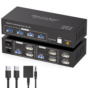 HDMI KVM Switch Dual Monitor 2 Computers Support 4K@60Hz USB 3.0 KVM Switches Share Dual Monitors and 4 USB 3.0 Ports Support Extended/Copy Mode with DC 12V Adapter&Wired Controller