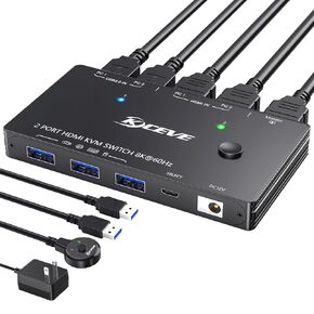 KVM Switch 2 Monitors 2 Computers USB C HDMI DP, KVM Switch Dual Monitor for Laptop & Desktop, USB 3.0 MST Dual HDMI 4K@60Hz, PD 60W for Laptop, with Wired Remote