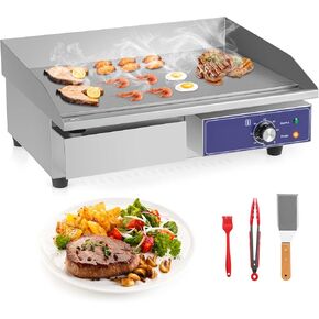 Happygrill 22" Commercial Electric Griddle, Stainless Steel Flat Top Grill w/Adjustable Temperature Control 122℉-572℉, Complete Accessories, 2000 W Electric Countertop Griddle for Kitchen Restaurant
