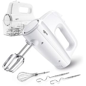 JEWJIO Pro 250W Electric Hand Mixer, 5-Speed + Turbo Handheld Mixer with 5 Stainless Steel Accessories, Storage Case & Eject Button - Lightweight for Baking, Cooking, Whipping Bright White