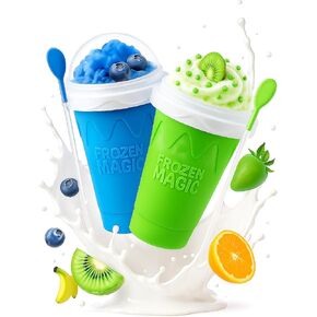 Slushie Cup 2 Pack - Magic Slushy Maker Cup Set with Lid & Straw for Kids, Portable Frozen Squeeze Cup for Family, Friends, Perfect for Smoothie Juice Milk Ice Cream Making (Blue and Green)
