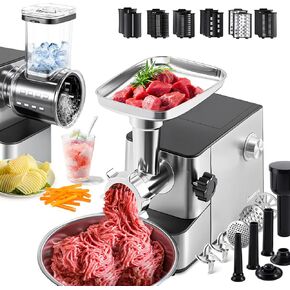Huanyu 3200W Max Power Electric Meat Grinder Heavy Duty Ice Shaver and Veggie Shredder, 2 Blades, 3 Plates, Sausage Tubes and Kubbe Kit Built-in Storage #10 Outlet for Home Use