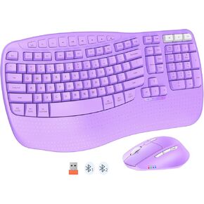 MEETION Wave Ergonomic Keyboard and Mouse Wireless, USB/Bluetooth Wave Ergo Keyboard with Wrist Rest, 4 DPI Adjustable Swing Wheel Silent Wireless Mouse Rechargeable for Windows/Mac/Android Director-D