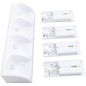 4 Ports Charging Station for Wii & Wii U Remote Controller, Charger with 4 Rechargeable Battery Packs (Charging Station & 4 pcs 2800mAh Batteries) (White)