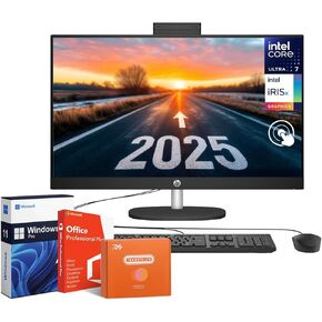 HP 27" All-in-One Desktop Computer, FHD Touch Screen, Intel Ultra 7 155U Processor, Intel IrisX Graphics, 32 GB DDR5, 1 TB SSD, Wired KB & Mouse, Windows 11 Pro,Office Lifetime License w/Accessories