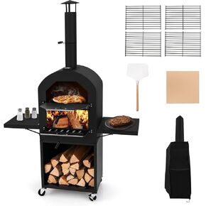 HAPPYGRILL Outdoor Wood Fired Pizza Oven with Firewood Storage, Side Shelves, Patio Pizza Maker with Pizza Stone, Pizza Peel, 2 Cooking Grills & Thermometer, Portable Pizza Stove with Wheels