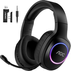 AOC Wireless Gaming Headset for PS5, PS4, Nintendo Switch, PC, Bluetooth 5.4 & 2.4GHz Gaming Headphones with Noise Canceling Mic, RGB, Type-C, 20ms Latency, 45H, 7.1 Virtual Surround- Black