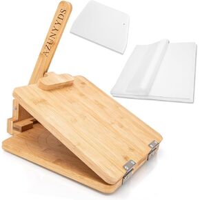 Wood Tortilla Press Maker 10 Inches - Wooden Bamboo Square Tortilla Maker, Mexican Tortillera Presser with 80 PCS Parchment Paper and Dough Scraper for Homemade Mexican Tortillera, Taco, Roti