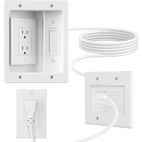 in Wall Cable Concealer Kit with Brush Wall Plate,Recessed Outlet Box,9ft Cord,2 Gang Pass Through Wire Hider for TV Cable Management,HDMI Cables and Home Theater Systems