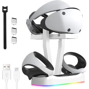 PSVR2 Controller Charging Station - PS5 VR2 Charging Dock Station with Headset Display Stand with RGB Light, for PS VR2 Accessories with LED Indicator, Type-C Cable and 2 Magnetic Charger Clasps