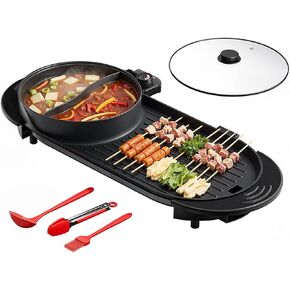 Aoran 2200W شواية كهربائية وسرد وعاء ساخن مع التحكم في المنطقة المزدوجة - 26.6 "مقلاة كبيرة من Yin -Yang ، شواء شواء لا دخن داخلي لحفلات العائلة ، ودرجة الحرارة القابلة للتعديل والأسود السهل النظيف