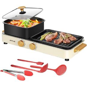 AORAN 2-in-1 Indoor Electric Grill & Hot Pot Combo, 1400W Dual-Zone Smokeless Cooker Cooker, Includes 4-Piece BBQ Accessories Set, Non-Stick & Easy Clean, Compact 21.8"x7"x10.6" for Home, Dorms​