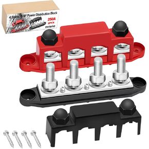 250A Bus Bar 12V Marine 3/8" Power Distribution Block Automotive Busbar Terminal Block,Battery Buss Bar (Pair, Red & Black) 4 x 3/8"Post 3 x #8 Screws Terminals for Boat Car Solar Wiring