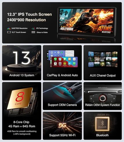 12.3" Wireless CarPlay Screen for Audi A4 /S4/ A5/ S5 /RS4/ RS5/ B8/ B8.5 |2009-2016 Multimedia | 4G RAM+64G ROM |Android13| Retain MMI Controls | 2400x900 IPS | 30-Band EQ in Kuwait
