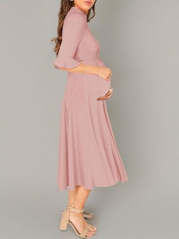 فستان نسائي أنيق للرضاعة منسوج ومضلع بأكمام جرس ومناسب ومشرق in Kuwait