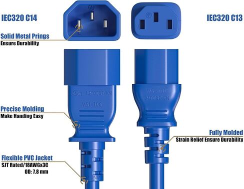 CableLeader 6ft IEC-320 C13 to C14 Heavy-Duty Power Extension Cord 18 AWG 10A/250V SJT, Computer to PDU CPU Power Extension Cable, PC Power Cable, UL Listed, Blue in Saudi Arabia