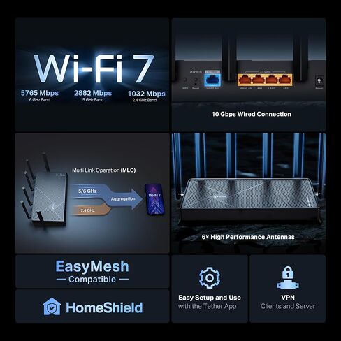 TP-Link Tri-Band BE9700 WiFi 7 Router Archer BE600 | 10G WAN/LAN +2.5G WAN/LAN +3× 2.5G LAN Ports, New 320Mhz Channel | Covers up to 2,600 Sq. ft and 120 Devices|VPN, HomeShield for Network Security in Kuwait