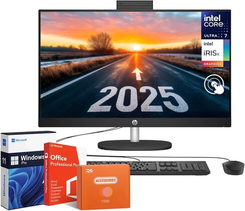 HP 27" All-in-One Desktop Computer, FHD Touch Screen, Intel Ultra 7 155U Processor, Intel IrisX Graphics, 32 GB DDR5, 1 TB SSD, Wired KB & Mouse, Windows 11 Pro,Office Lifetime License w/Accessories in Kuwait